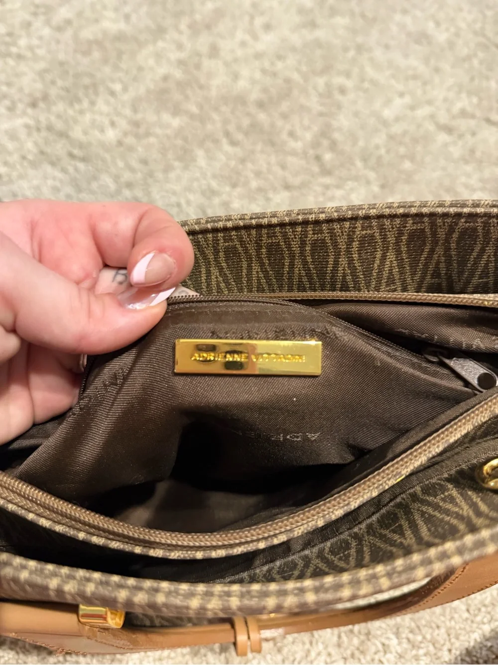 Designer-Style Brown Patterned Satchel Bag with Tan Handles